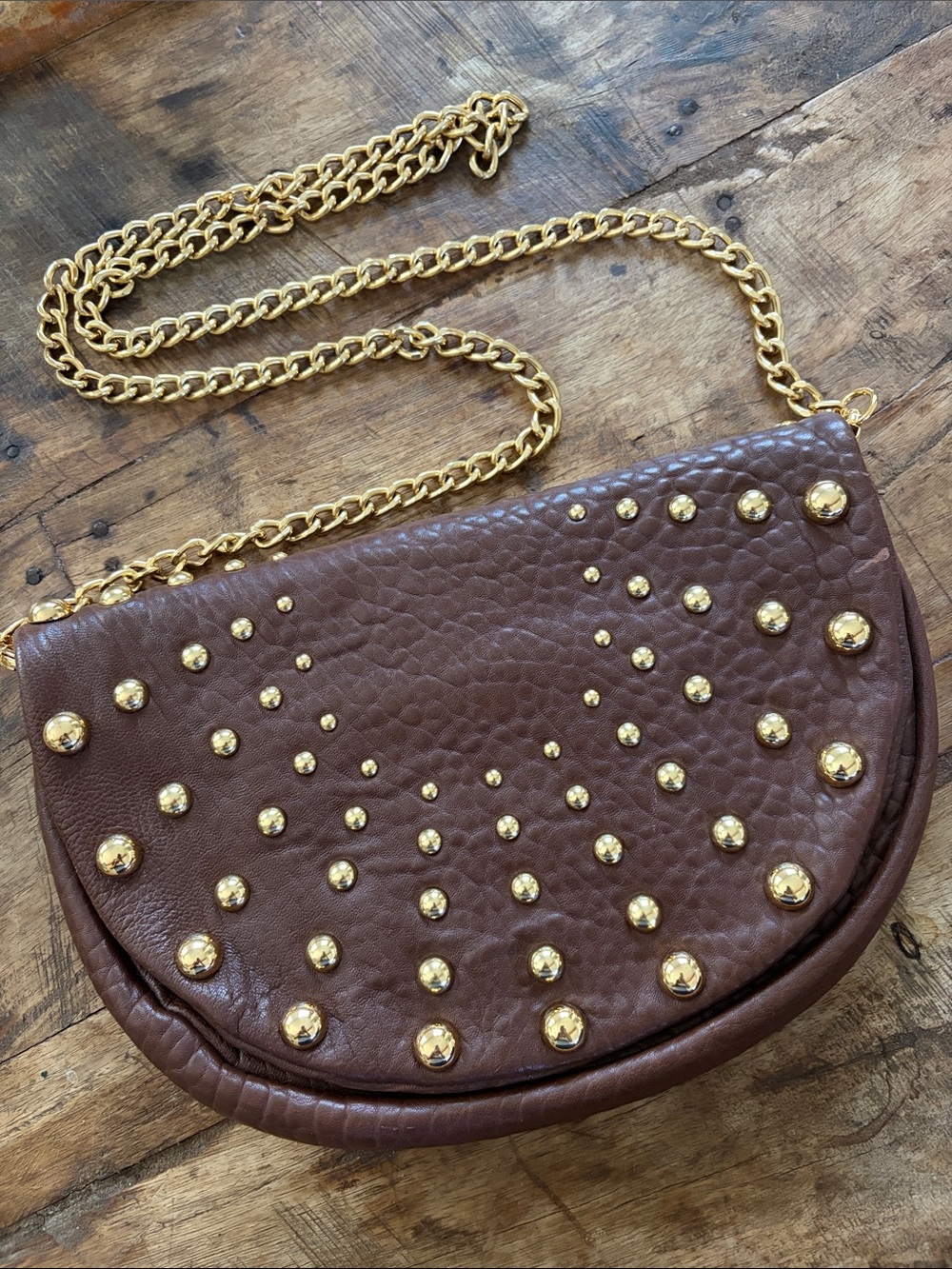 Badgley Mischka Studded Brown Leather Crossbody Bag with Gold Chain